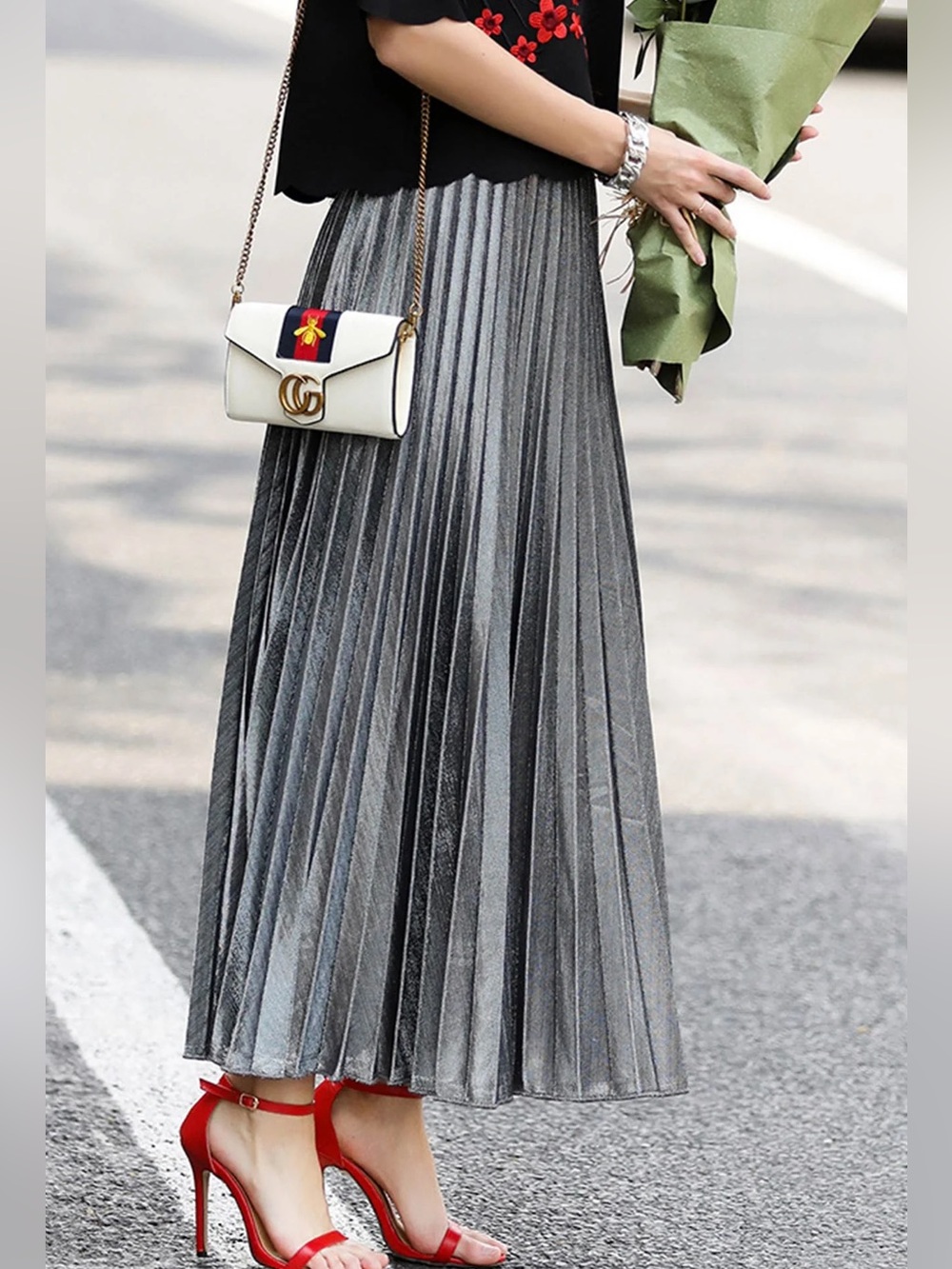 Vintage Pleated Metallic Maxi Skirt